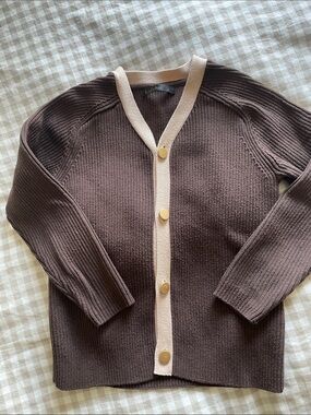 Kidichic Brown Contrast-Trim V-Neck Cardigan. Boys size 4T